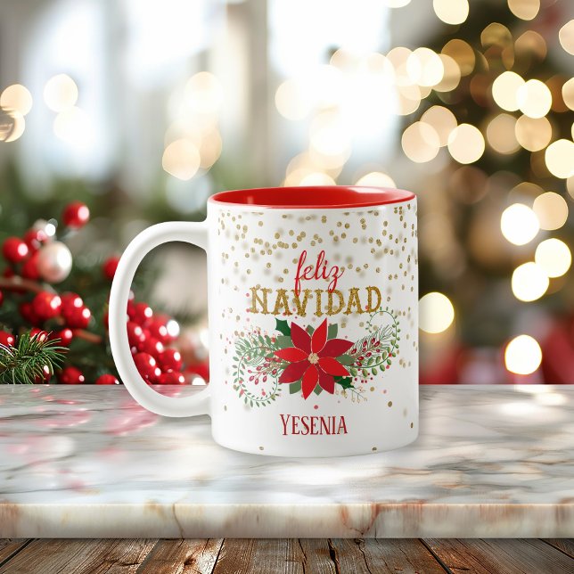Tasse 2 Couleurs Feliz Navidad Gold Parties scintillant Poinsettia (Feliz Navidad Gold Glitter Poinsettia Two-Tone Coffee Mug)