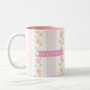 Tasse 2 Couleurs Féminine rose personnalisée à rayures florales coq