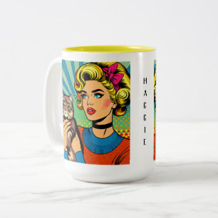 Tasse 2 Couleurs Femme de l'art pop cartoonisant un chat