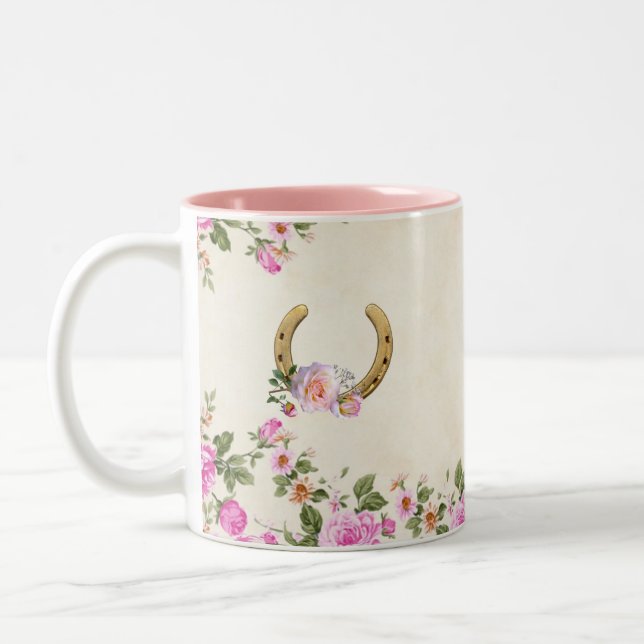 Tasse 2 Couleurs Fer à cheval avec fleurs sur fond beige (Gauche)