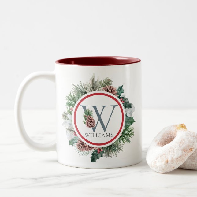 Tasse 2 Couleurs Festive Foliage Festive Floral Initial Nom personn (Avec donut)