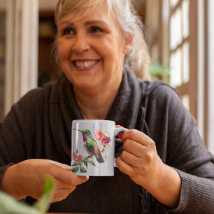 Tasse 2 Couleurs Fête des mères Aquarelle Colibri Fleurs roses
