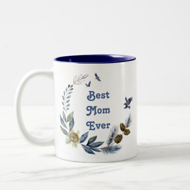 Tasse 2 Couleurs Fête des mères Joli bleu Floral Bird Photo (Gauche)