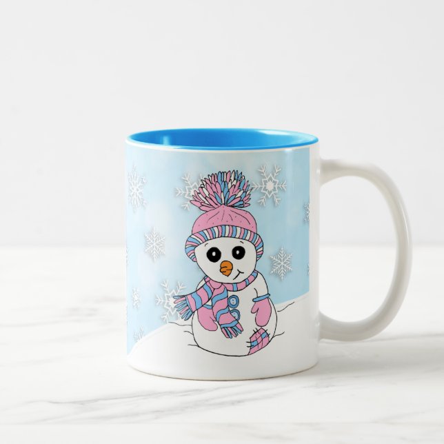 Tasse 2 Couleurs Fêtes de Noël de bonhomme de neige rose (Droit)