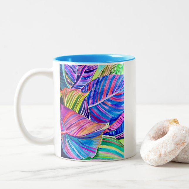 Tasse 2 Couleurs Feuilles de canna tropicale aquarelle (Avec donut)