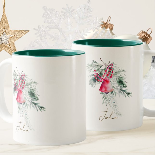 Tasse 2 Couleurs Feuilles de Noël Écriture Moderne Aquarelle Person (Créateur téléchargé)