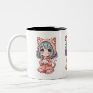Tasse 2 Couleurs Fille Anime Kawaii Cozy avec Sweat à Capuche Chat