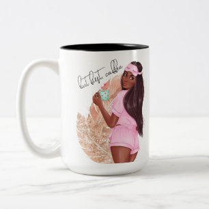 Tasse 2 Couleurs Fille Café Faux Paillettes Cheveux Marron Rose  
