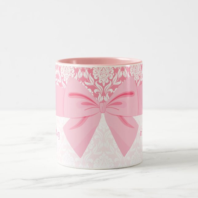 Tasse 2 Couleurs Fille Élégante Pink Damask Wrap Bow personnalisée (Centre)