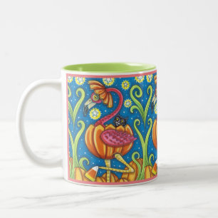 TASSE 2 COULEURS FLAMANT ROSE ET CHAT NOIR D'HALLOWEEN DANS CITROUI