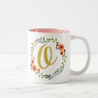 Tasse 2 Couleurs Fleur botanique Wreath Gold Monogramme initial O