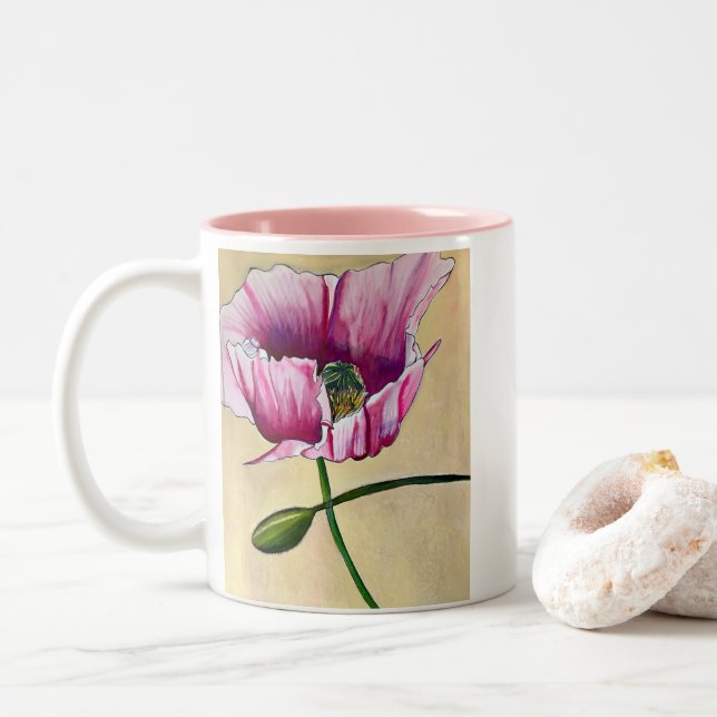 Tasse 2 Couleurs Fleur d'art au coquelicot rose aquarelle (Avec donut)