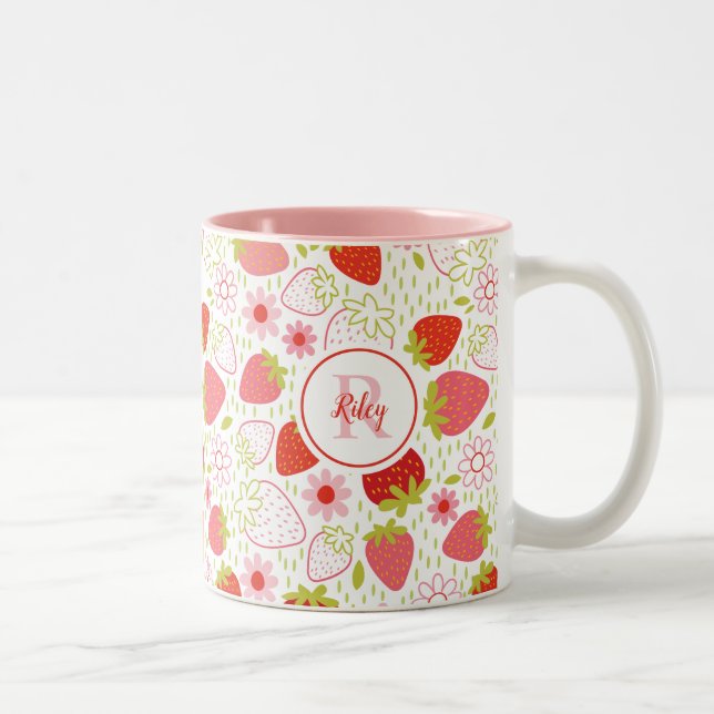 Tasse 2 Couleurs Fleur de fraise rouge mignonne Monogramme (Droit)