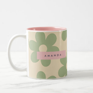 Tasse 2 Couleurs Fleur de Marguerite Vert Sauge Rétro Personnalisée