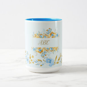 Tasse 2 Couleurs Fleur dorée aquarelle bleu clair personnalisée