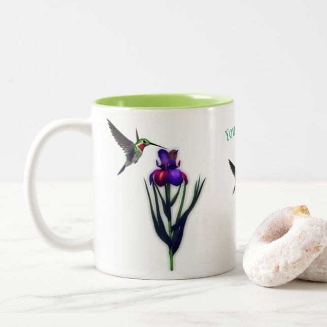 Tasse 2 Couleurs Fleur Iris de colibri personnalisée (Avec donut)