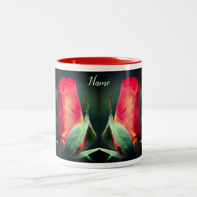 Tasse 2 Couleurs Fleur Rosebud rouge personnalisée (Centre)