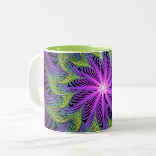 Tasse 2 Couleurs Fleur verte violette Art fractal abstrait moderne (Devant gauche)