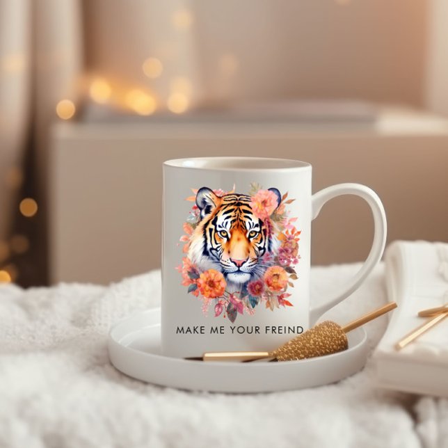Tasse 2 Couleurs Fleurs aquarelles, Beau Tigre Personnalisé (Créateur téléchargé)