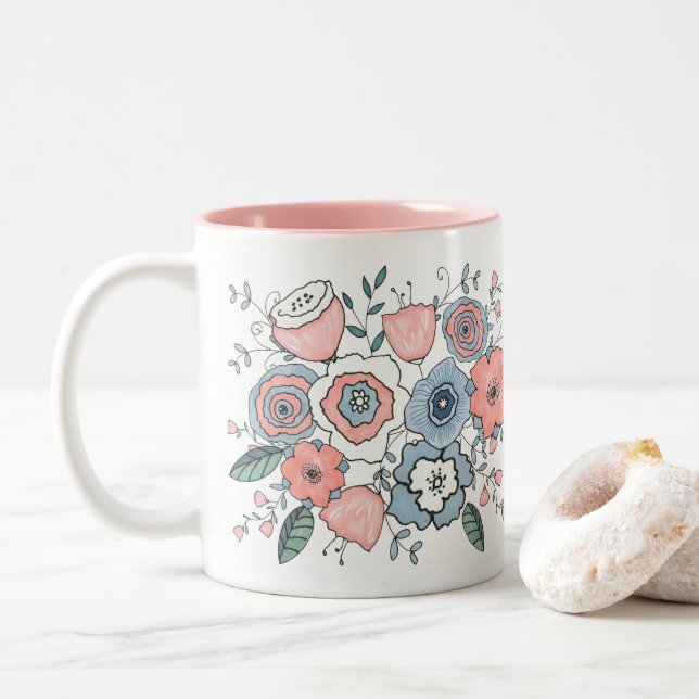 Tasse 2 Couleurs Fleurs Boho Bleues Bleues Bleues Tendance (Avec donut)