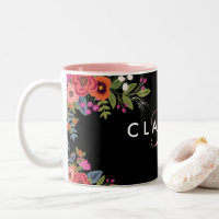 Fleurs Boho - Noir avec Monogramme rose