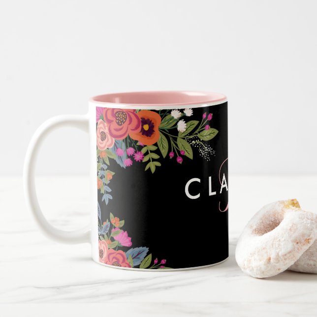 Tasse 2 Couleurs Fleurs Boho - Noir avec Monogramme rose (Avec donut)