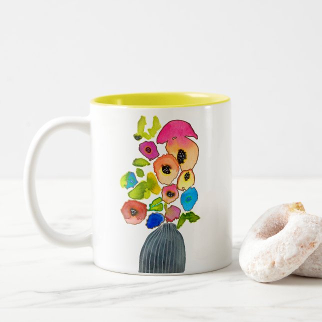 Tasse 2 Couleurs Fleurs d'aquarelle fleuries colorées (Avec donut)