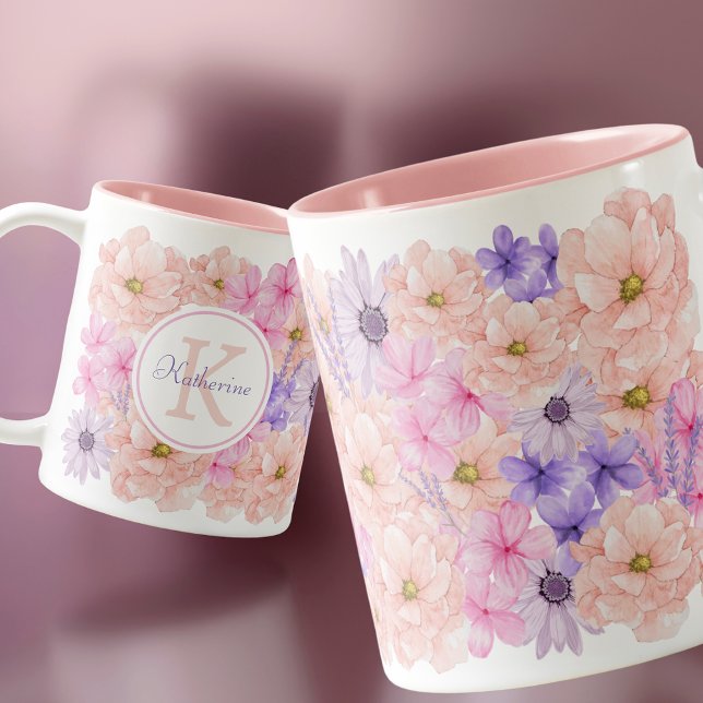 Tasse 2 Couleurs Fleurs d'aquarelle rose mignonne monogrammées pour (Créateur téléchargé)