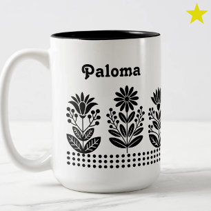Tasse 2 Couleurs Fleurs d'art populaire noir minimal moderne Nom pe