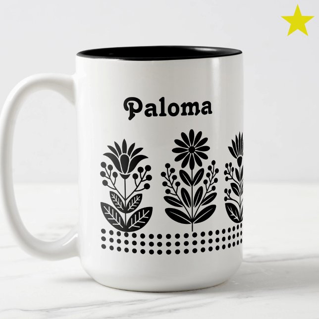 Tasse 2 Couleurs Fleurs d'art populaire noir minimal moderne Nom pe (Créateur téléchargé)