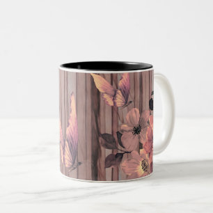 Tasse 2 Couleurs Fleurs de bois rustiques et papillons