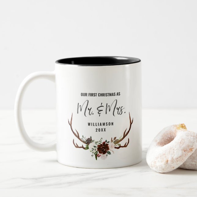 Tasse 2 Couleurs Fleurs de campagne rustiques | Premier Noël M. et  (Avec donut)