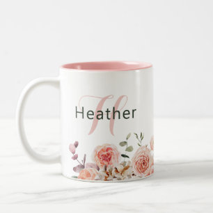 Tasse 2 Couleurs Fleurs de crème rose à l'aquarelle Monogramme de