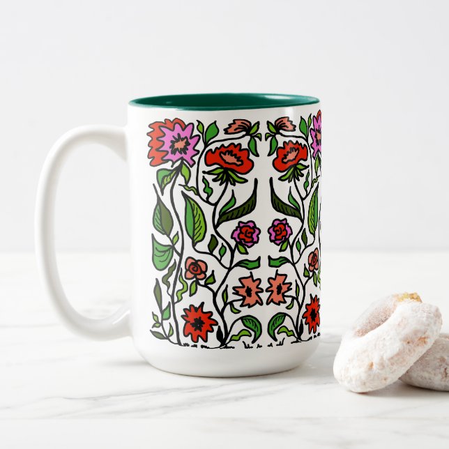 Tasse 2 Couleurs Fleurs de jardin funky illustrées  (Avec donut)