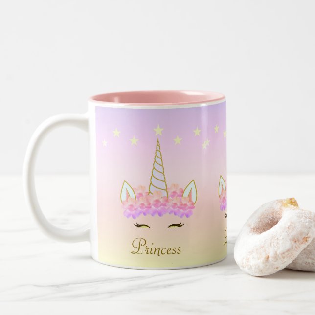 Tasse 2 Couleurs Fleurs de licorne étoiles & calligraphie (Avec donut)