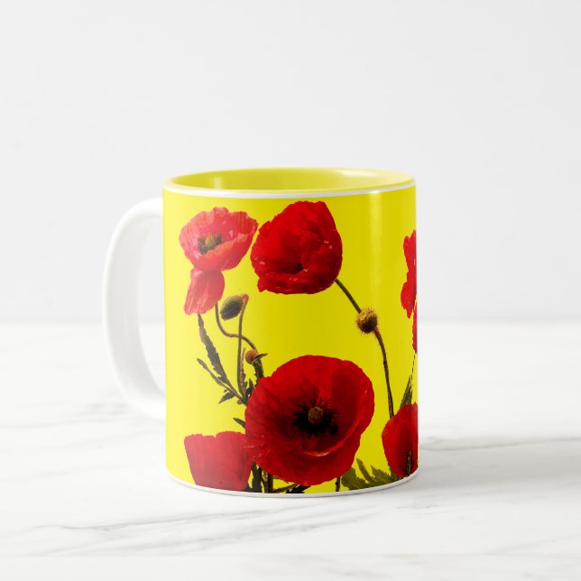 Tasse 2 Couleurs Fleurs de pavot Rouge Jaune Floral Saint Valentin (Devant gauche)