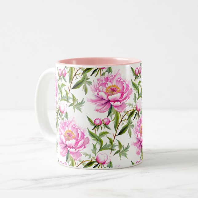 Tasse 2 Couleurs Fleurs de pivoines roses avec Feuilles verts Sage (Devant gauche)