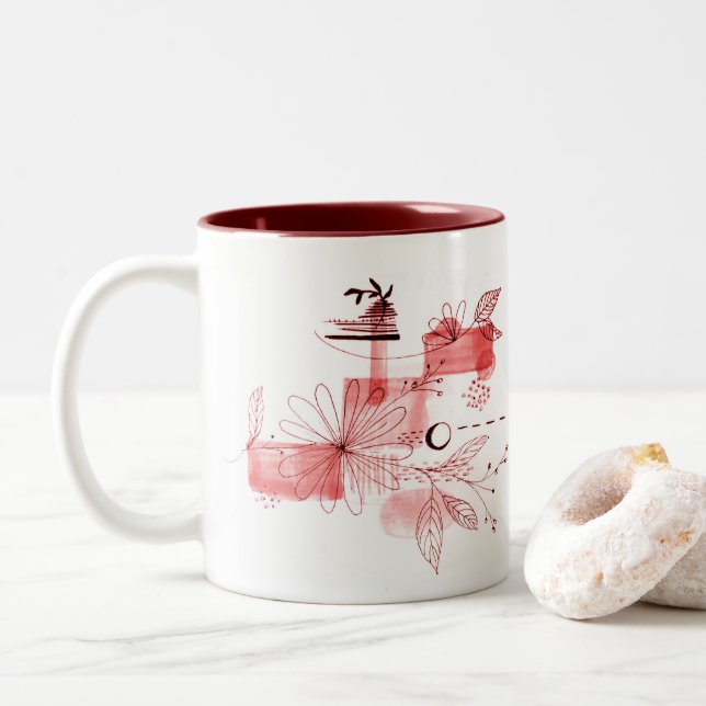 Tasse 2 Couleurs Fleurs géométriques Abstraites Feuilles Bourgogne  (Avec donut)