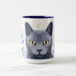 Tasse 2 Couleurs Fleurs Jaunes Chat Bleu Russe