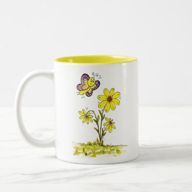 Tasse 2 Couleurs Fleurs jaunes Whimsical avec un papillon (Gauche)