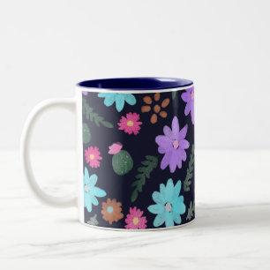 Tasse 2 Couleurs Fleurs Mexicaines Florales Multicolores Bleu Marin