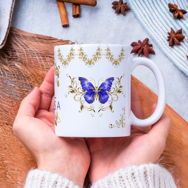Tasse 2 Couleurs Fleurs modernes papillons bleu & or monogrammed (Créateur téléchargé)