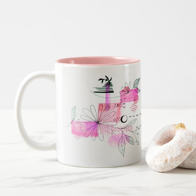 Tasse 2 Couleurs Fleurs roses géométriques Abstraites Feuilles noir (Avec donut)