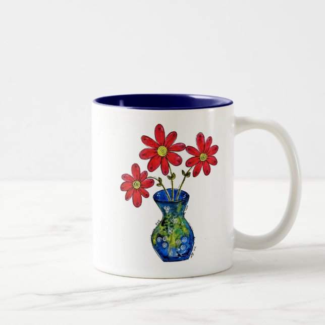 Tasse 2 Couleurs Fleurs rouges lunaires dans Vase bleu (Droit)