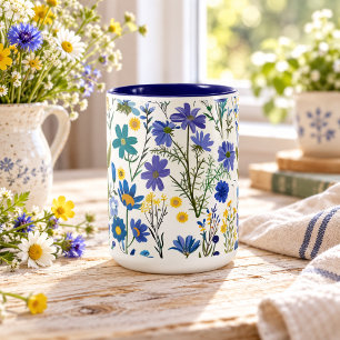 Tasse 2 Couleurs Fleurs sauvages bleues rustiques françaises de jar