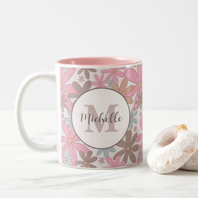 Tasse 2 Couleurs Fleurs sauvages Daisy Personnalisé avec le nom Flo (Avec donut)