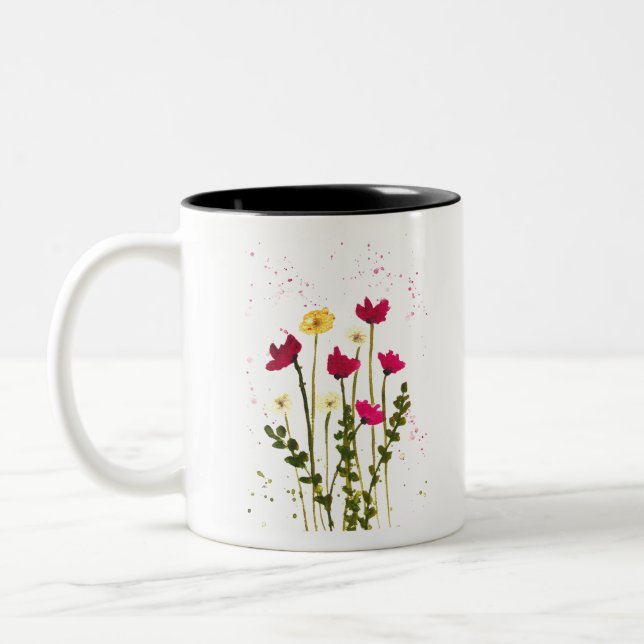 Tasse 2 Couleurs Fleurs sauvages rouges jaunes aquarelle rustique (Gauche)