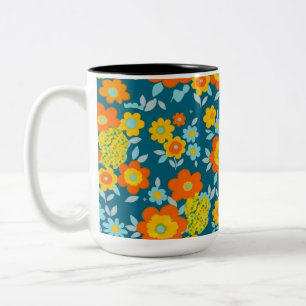 Tasse 2 Couleurs Fleurs vibrantes orange et jaune sur un sarcelle p