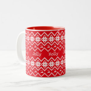 Tasse 2 Couleurs Flocon de neige rouge et motif de cerf de Noël