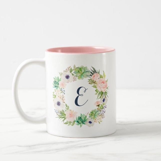 Tasse 2 Couleurs Floral Blush Succulents Cactus Wreath Monogramme (Gauche)